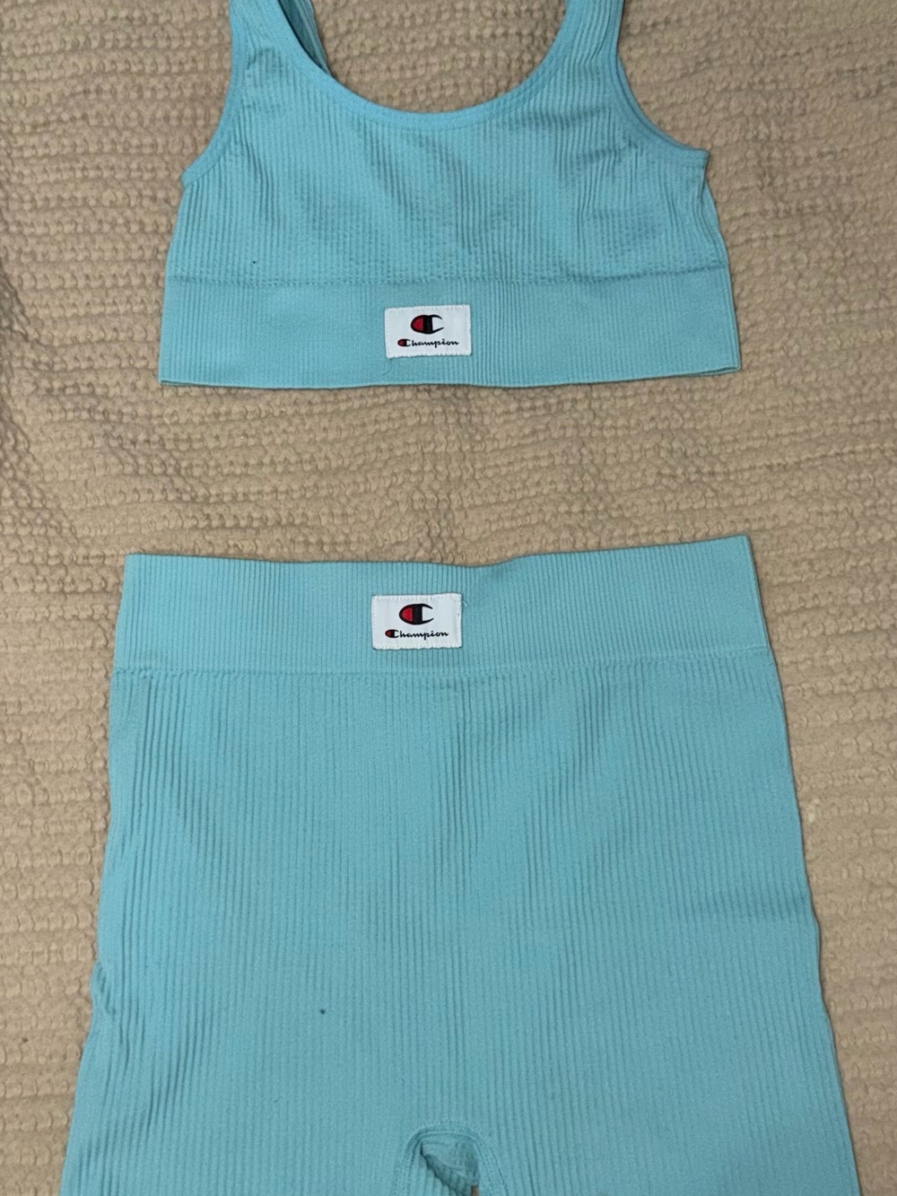 Champion Ribbed Aqua Sports Bra & High-Waist Shorts Set